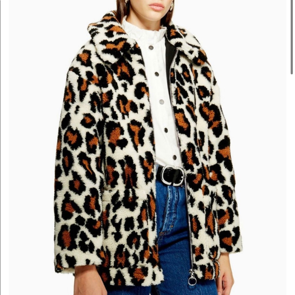 Topshop leopard shearling jacket sz 6